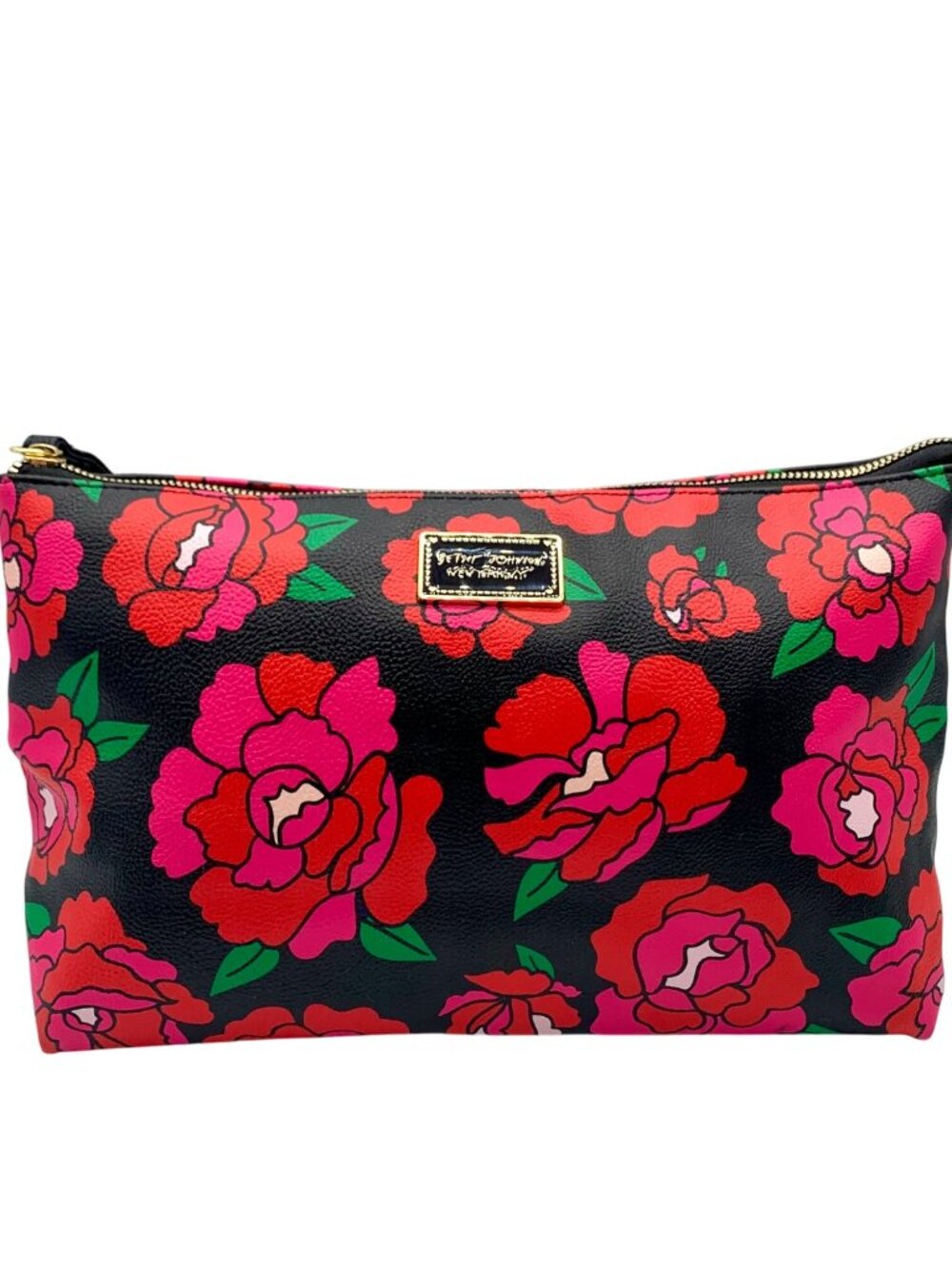 Betsey Johnson Black Floral Printed Large Zip Pouch
